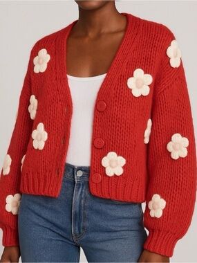 Luna Ivy Red Chunky Knit 3D Flower Sweater Cardigan